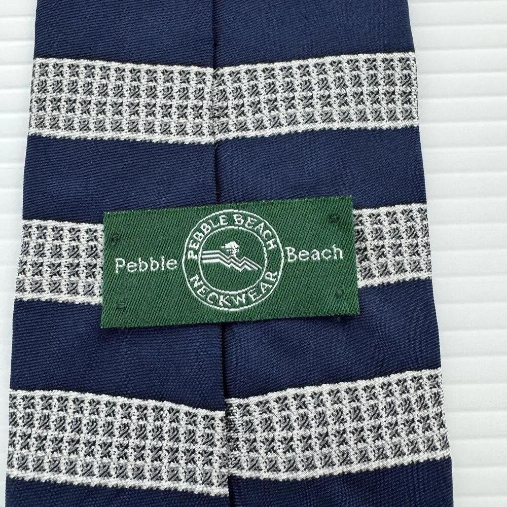 Pebble Beach Golf Tie Silk USA Blue Striped Scenic Golfer Novelty Necktie